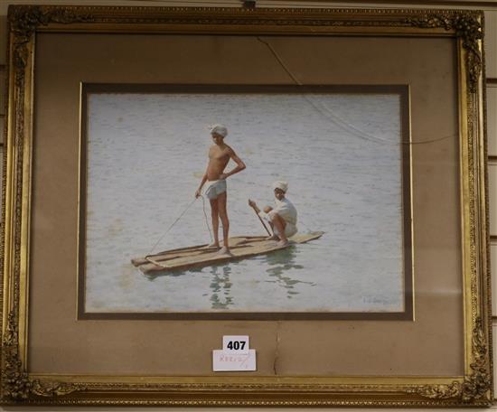 L J Scott, watercolour, Indian boatmen, signed, 27 x 38cm